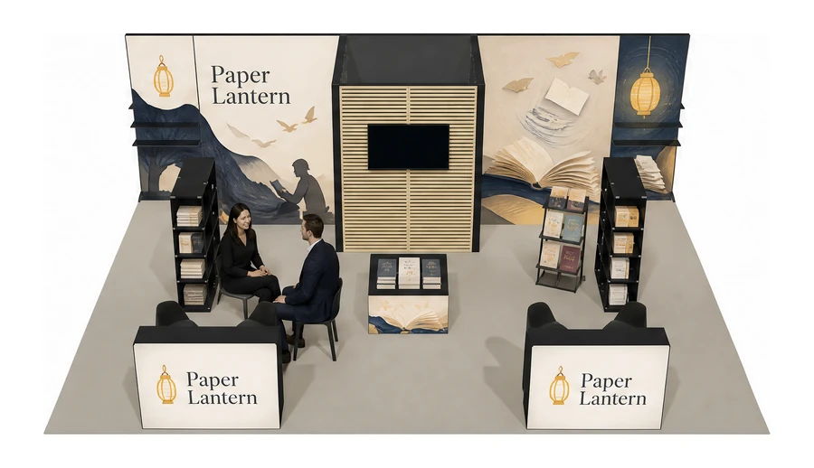 Stoisko 8 × 6 m półwyspowe dla branży wydawnictwa, przykładowa marka Paper Lantern