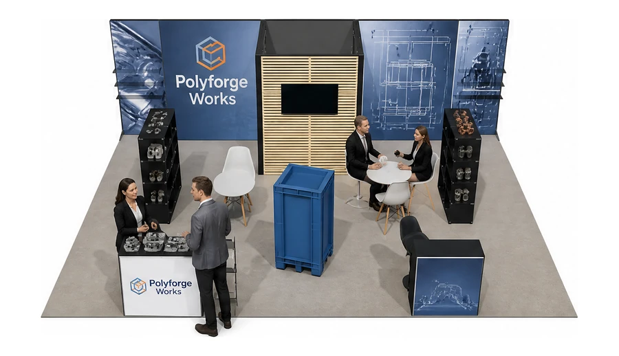 Stoisko 8 × 6 m półwyspowe dla branży przetwórstwo tworzyw, przykładowa marka Polyforge Works