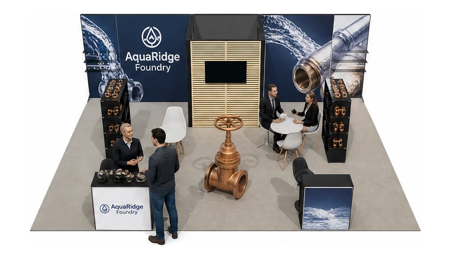 Stoisko 8 × 6 m półwyspowe dla branży instalacje wodno-kanalizacyjne, przykładowa marka AquaRidge Foundry