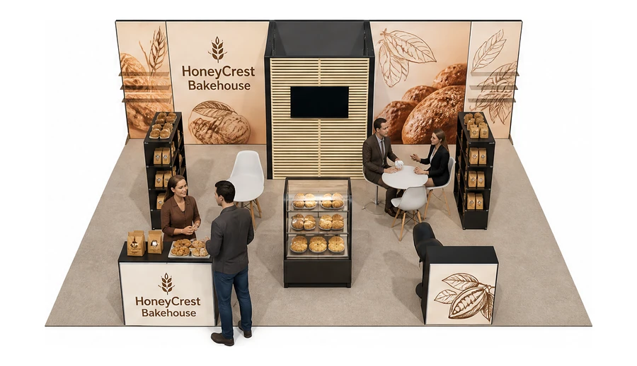Stoisko 8 × 6 m półwyspowe dla branży piekarnictwo i cukiernictwo, przykładowa marka HoneyCrest Bakehouse