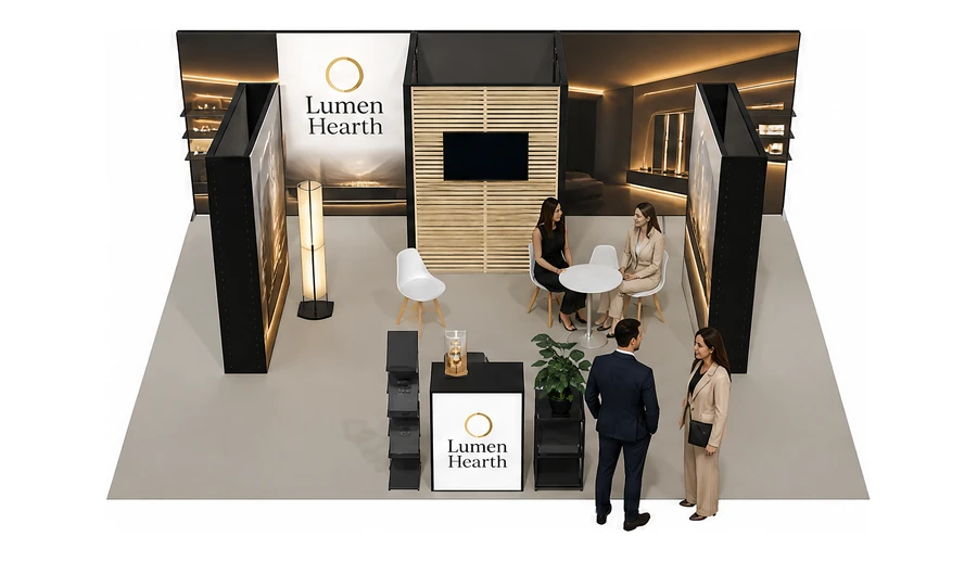 Stoisko 8 × 6 m półwyspowe dla branży oświetlenie, przykładowa marka Lumen Hearth