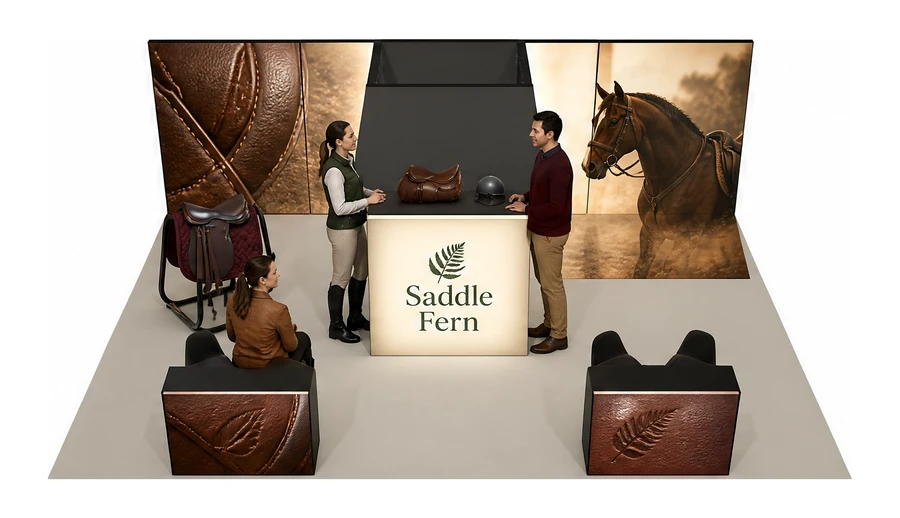 Stoisko 8 × 6 m półwyspowe dla branży jeździectwo, przykładowa marka Saddle Fern