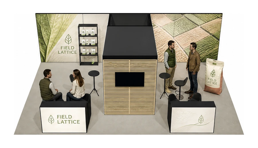 Stoisko 8 × 6 m półwyspowe dla branży nawozy i ochrona roślin, przykładowa marka Field Lattice