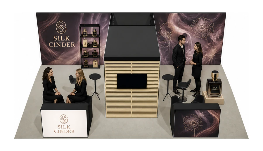 Stoisko 8 × 6 m półwyspowe dla branży perfumy, przykładowa marka Silk Cinder
