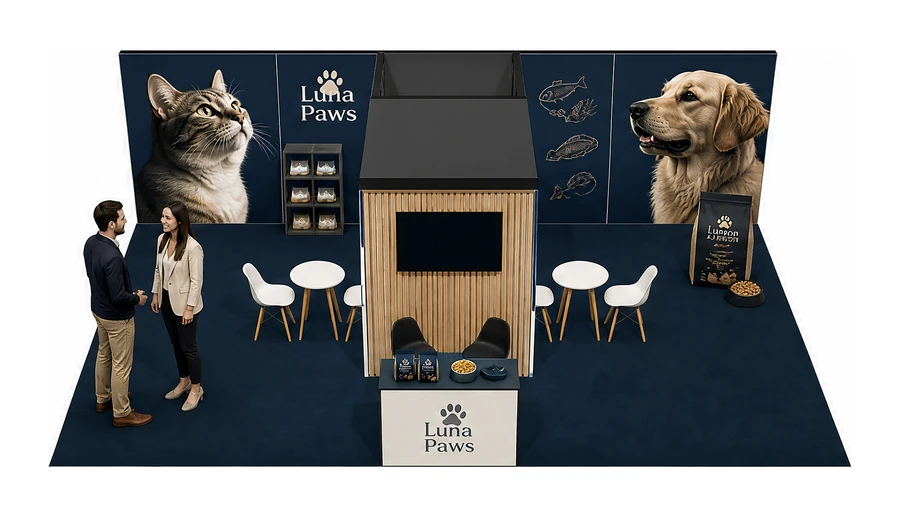 Stoisko 8 × 6 m półwyspowe dla branży karma dla zwierząt, przykładowa marka Luna Paws