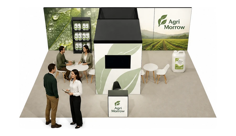 Stoisko 8 × 6 m półwyspowe dla branży nawozy i ochrona roślin, przykładowa marka Agri Morrow