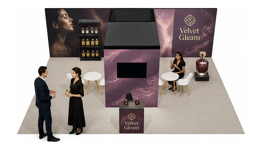 Stoisko 8 × 6 m półwyspowe dla branży perfumy, przykładowa marka Velvet Gleam