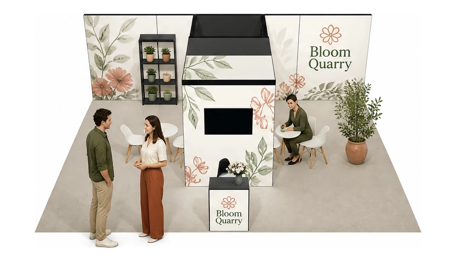 Stoisko 8 × 6 m półwyspowe dla branży rośliny i kwiaciarstwo, przykładowa marka Bloom Quarry