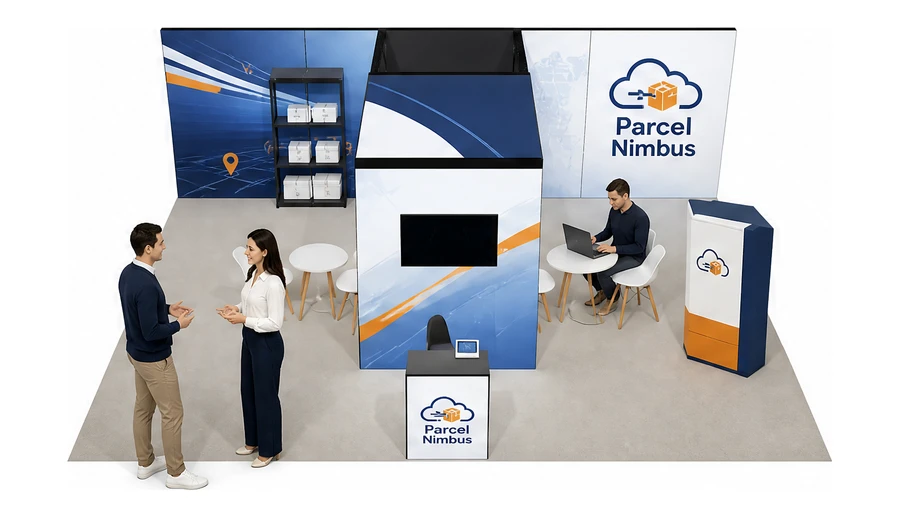 Stoisko 8 × 6 m półwyspowe dla branży e-commerce, przykładowa marka Parcel Nimbus