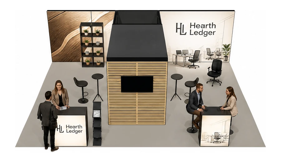 Stoisko 8 × 6 m półwyspowe dla branży meble biurowe, przykładowa marka Hearth Ledger