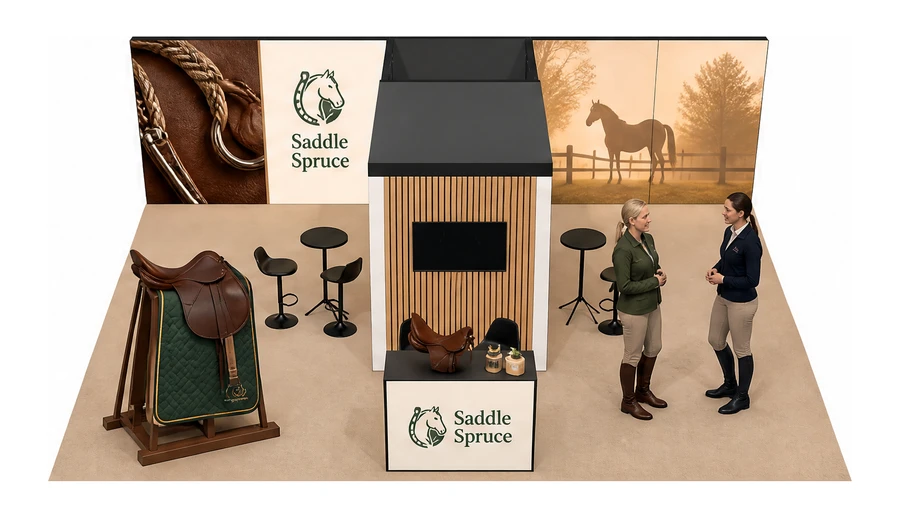 Stoisko 8 × 6 m półwyspowe dla branży jeździectwo, przykładowa marka Saddle Spruce