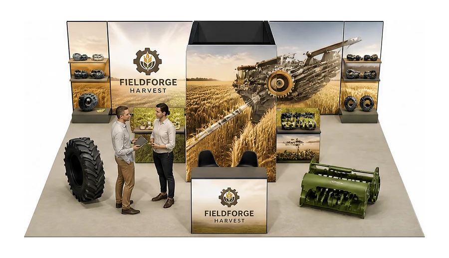 Stoisko 8 × 6 m półwyspowe dla branży maszyny rolnicze, przykładowa marka Fieldforge Harvest