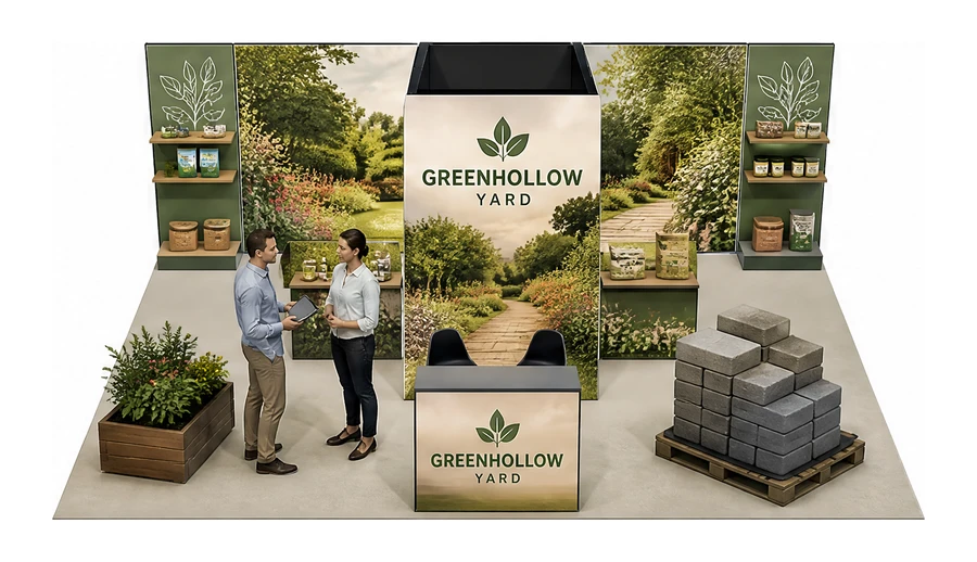 Stoisko 8 × 6 m półwyspowe dla branży ogród i architektura krajobrazu, przykładowa marka Greenhollow Yard