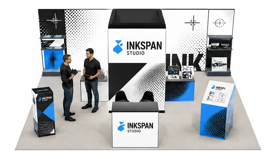 Stoisko 8 × 6 m półwyspowe dla branży reklama i druk, przykładowa marka Inkspan Studio