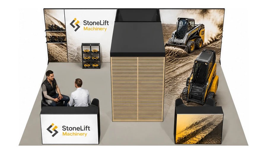 Stoisko 8 × 6 m półwyspowe dla branży maszyny budowlane, przykładowa marka StoneLift Machinery