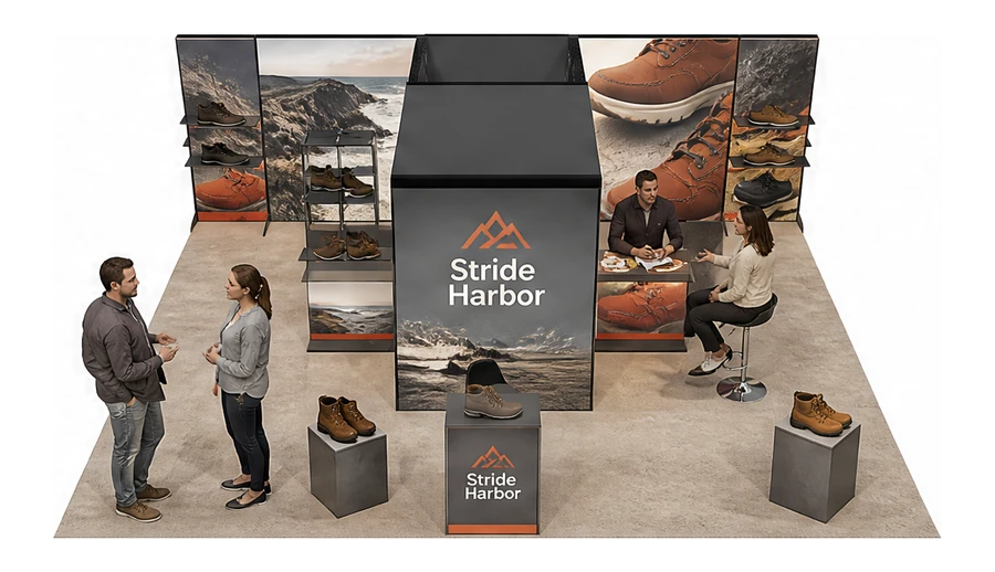 Stoisko 8 × 6 m półwyspowe dla branży obuwie, przykładowa marka Stride Harbor