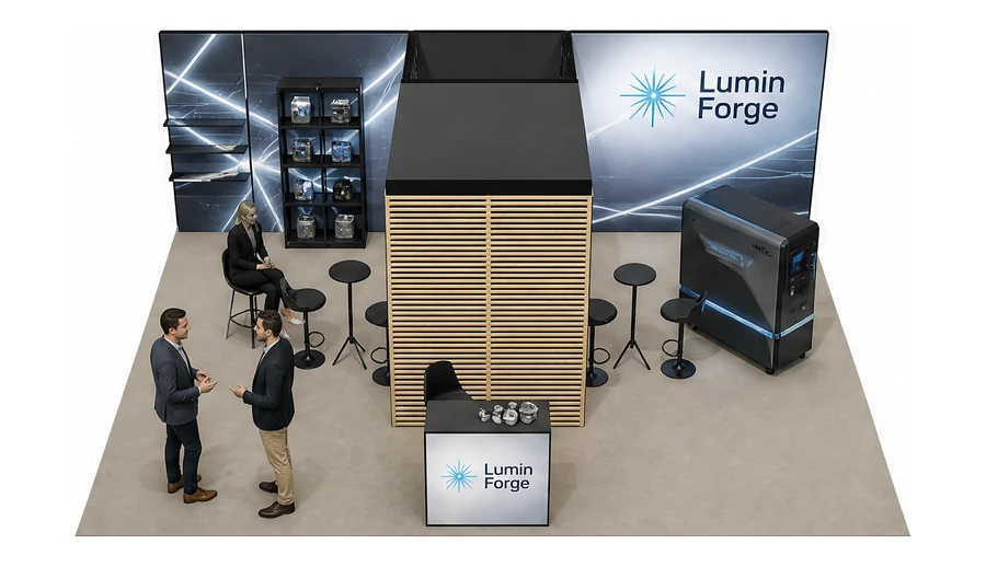 Stoisko 8 × 6 m półwyspowe dla branży technika laserowa i fotonika, przykładowa marka Lumin Forge