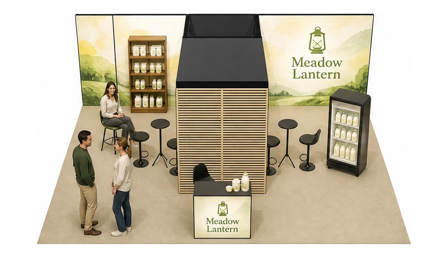 Stoisko 8 × 6 m półwyspowe dla branży nabiał i mleczarstwo, przykładowa marka Meadow Lantern