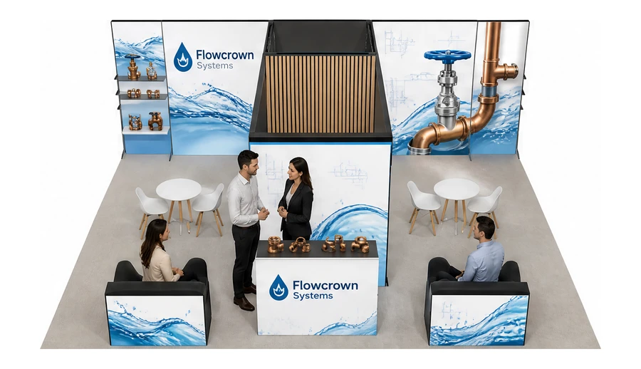 Stoisko 8 × 6 m półwyspowe dla branży instalacje wodno-kanalizacyjne, przykładowa marka Flowcrown Systems