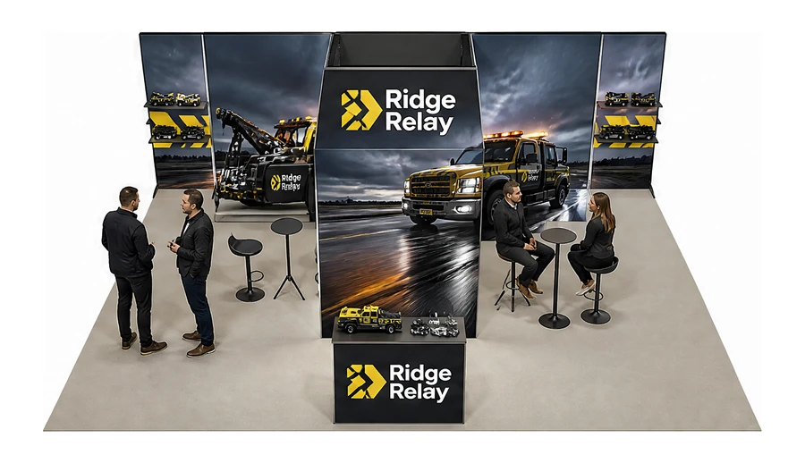 Stoisko 8 × 6 m półwyspowe dla branży pomoc drogowa i lawety, przykładowa marka Ridge Relay