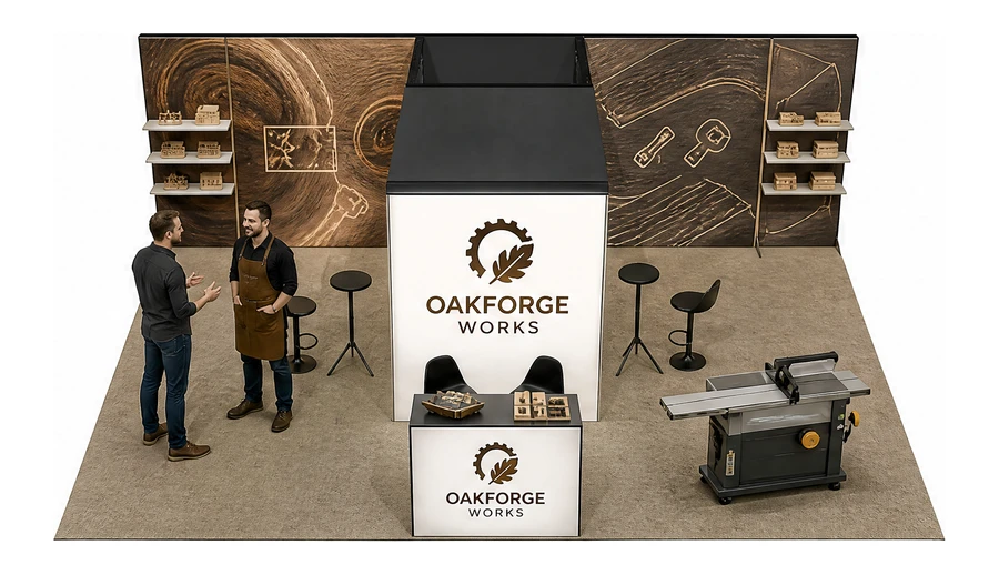 Stoisko 8 × 6 m półwyspowe dla branży maszyny do obróbki drewna, przykładowa marka Oakforge Works