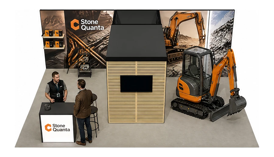 Stoisko 8 × 6 m półwyspowe dla branży maszyny budowlane, przykładowa marka Stone Quanta