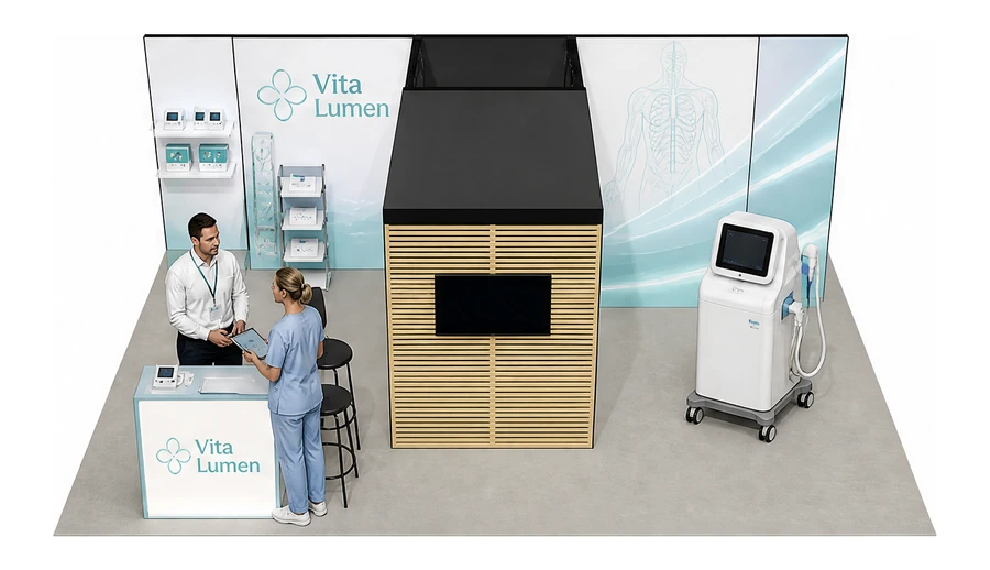 Stoisko 8 × 6 m półwyspowe dla branży sprzęt medyczny, przykładowa marka Vita Lumen