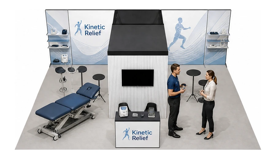 Stoisko 8 × 6 m półwyspowe dla branży rehabilitacja i fizjoterapia, przykładowa marka Kinetic Relief