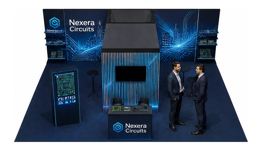Stoisko 8 × 6 m półwyspowe dla branży komponenty elektroniczne, przykładowa marka Nexera Circuits