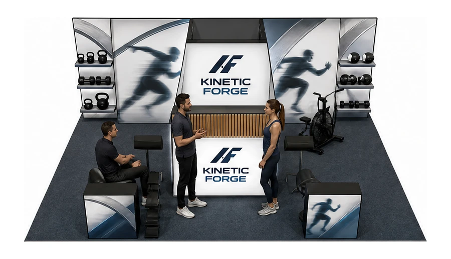 Stoisko 8 × 6 m półwyspowe dla branży fitness i siłownie, przykładowa marka Kinetic Forge