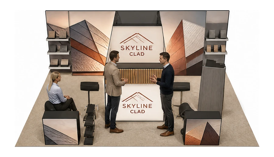 Stoisko 8 × 6 m półwyspowe dla branży dachy i elewacje, przykładowa marka Skyline Clad