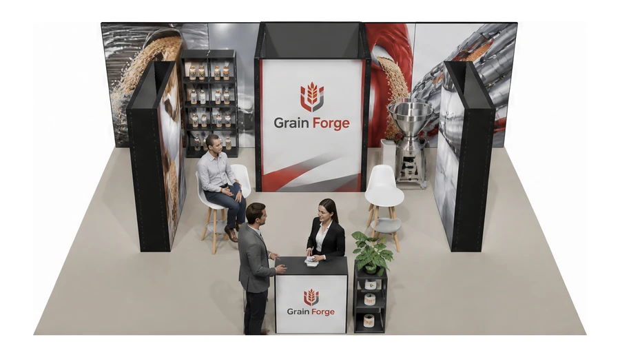 Stoisko 8 × 6 m półwyspowe dla branży technologie spożywcze, przykładowa marka Grain Forge