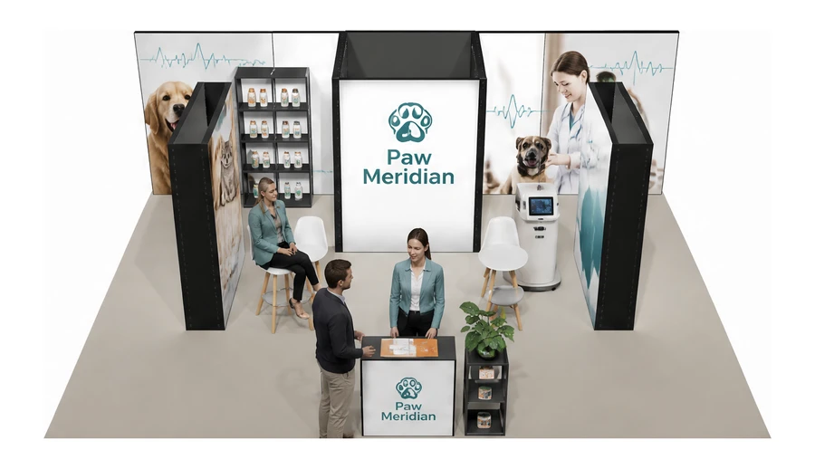 Stoisko 8 × 6 m półwyspowe dla branży weterynaria, przykładowa marka Paw Meridian
