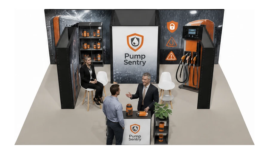 Stoisko 8 × 6 m półwyspowe dla branży stacje paliw, przykładowa marka Pump Sentry