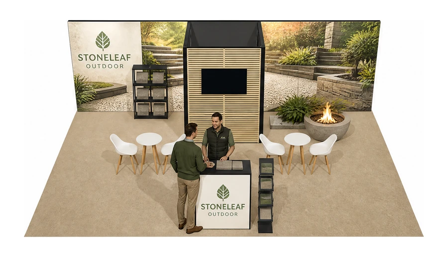 Stoisko 8 × 6 m półwyspowe dla branży ogród i architektura krajobrazu, przykładowa marka Stoneleaf Outdoor