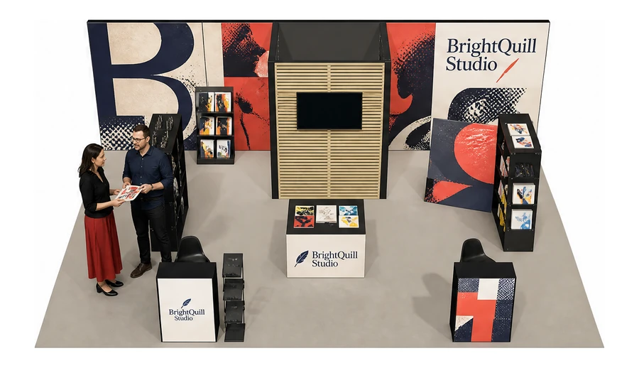 Stoisko 8 × 6 m półwyspowe dla branży reklama i druk, przykładowa marka BrightQuill Studio
