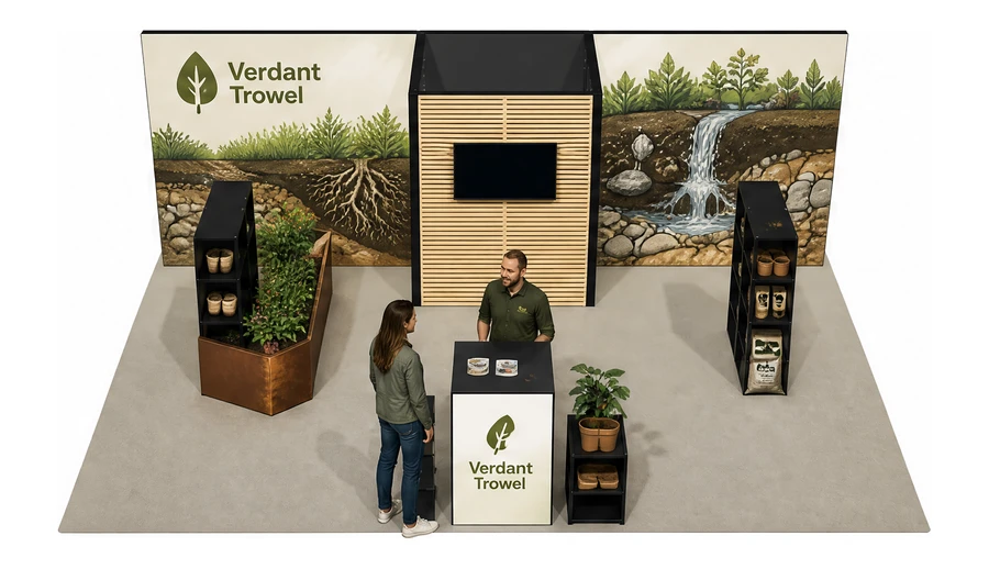 Stoisko 8 × 6 m półwyspowe dla branży ogród i architektura krajobrazu, przykładowa marka Verdant Trowel
