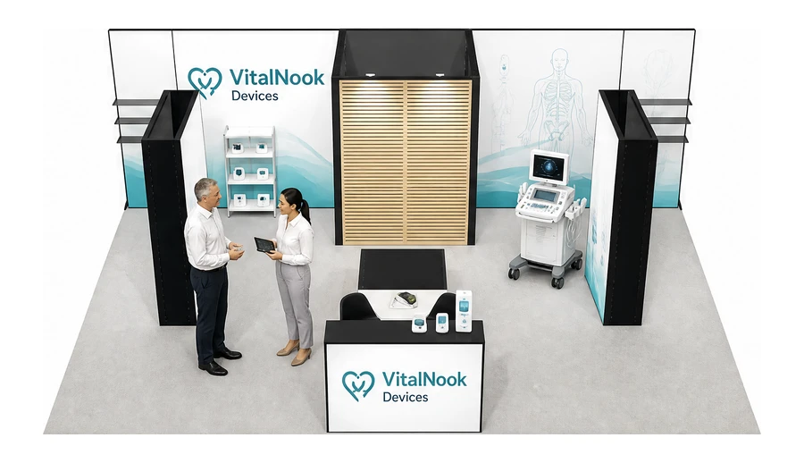 Stoisko 8 × 6 m półwyspowe dla branży sprzęt medyczny, przykładowa marka VitalNook Devices
