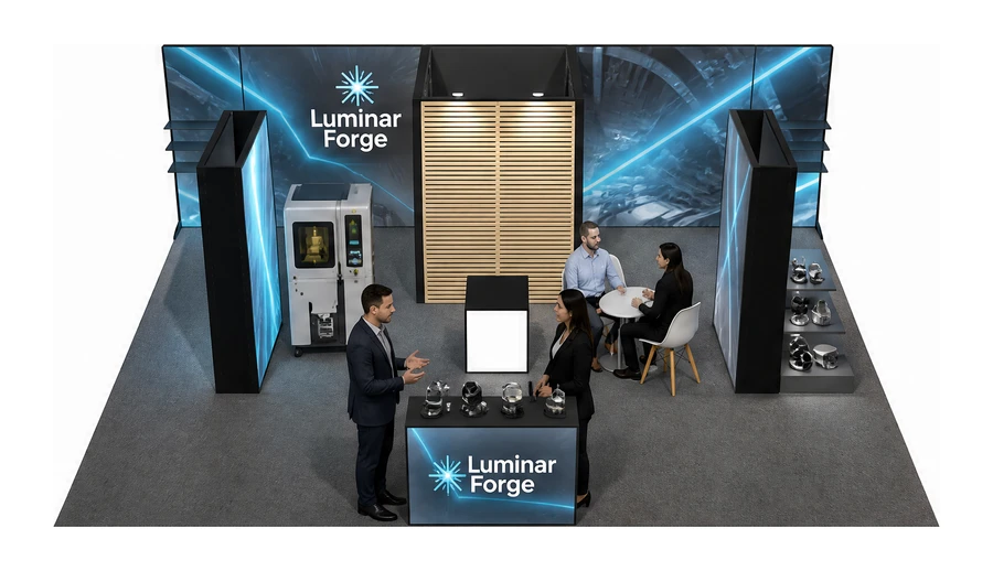 Stoisko 8 × 6 m półwyspowe dla branży technika laserowa i fotonika, przykładowa marka Luminar Forge