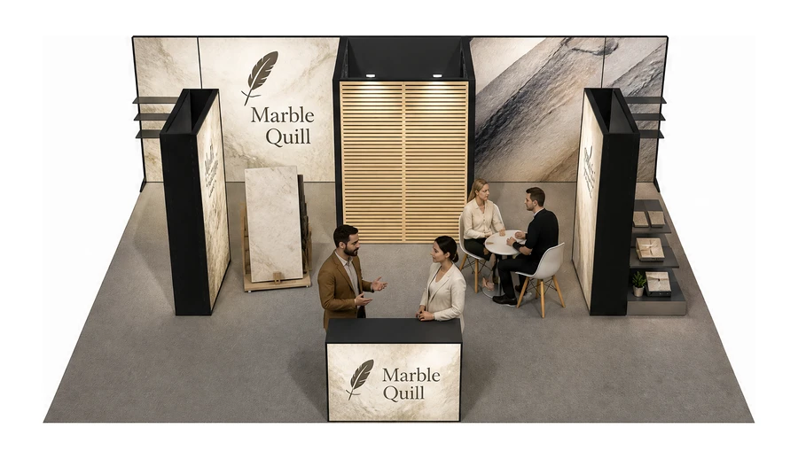 Stoisko 8 × 6 m półwyspowe dla branży wykończenie wnętrz, przykładowa marka Marble Quill