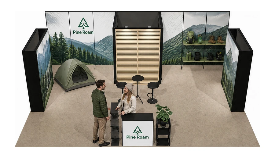 Stoisko 8 × 6 m półwyspowe dla branży odzież i sprzęt outdoorowy, przykładowa marka Pine Roam