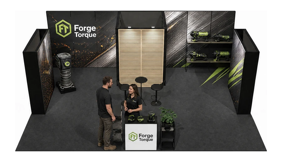 Stoisko 8 × 6 m półwyspowe dla branży elektronarzędzia, przykładowa marka Forge Torque