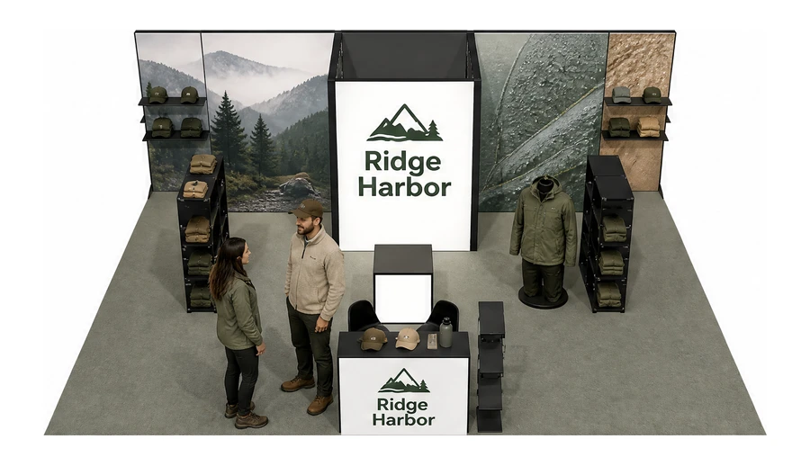 Stoisko 8 × 6 m półwyspowe dla branży odzież i sprzęt outdoorowy, przykładowa marka Ridge Harbor