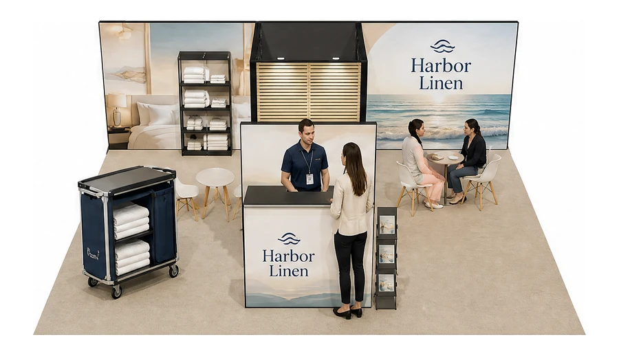 Stoisko 8 × 6 m półwyspowe dla branży wyposażenie hoteli, przykładowa marka Harbor Linen