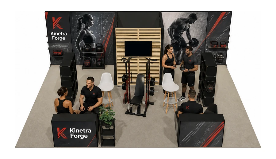 Stoisko 8 × 6 m półwyspowe dla branży fitness i siłownie, przykładowa marka Kinetra Forge