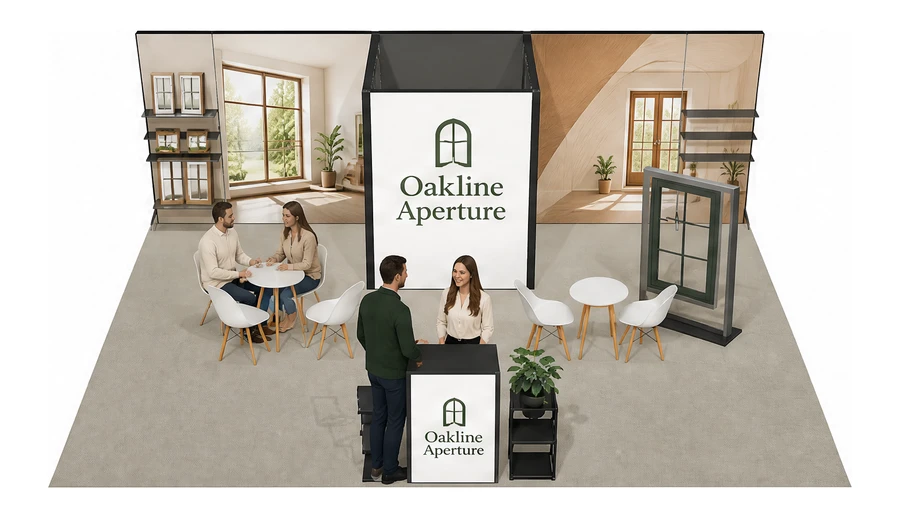 Stoisko 8 × 6 m półwyspowe dla branży okna i drzwi, przykładowa marka Oakline Aperture