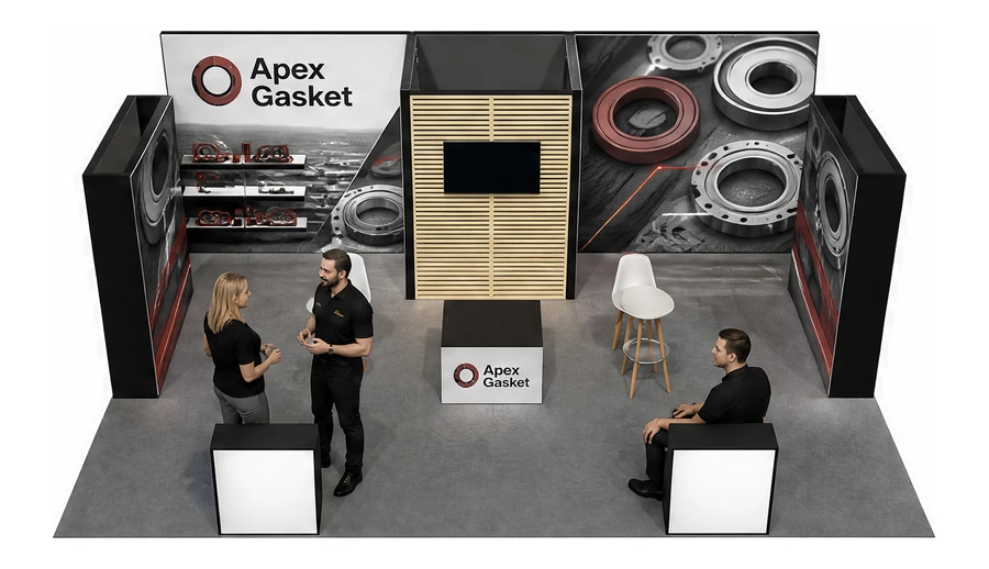Stoisko 8 × 6 m półwyspowe dla branży części motoryzacyjne, przykładowa marka Apex Gasket