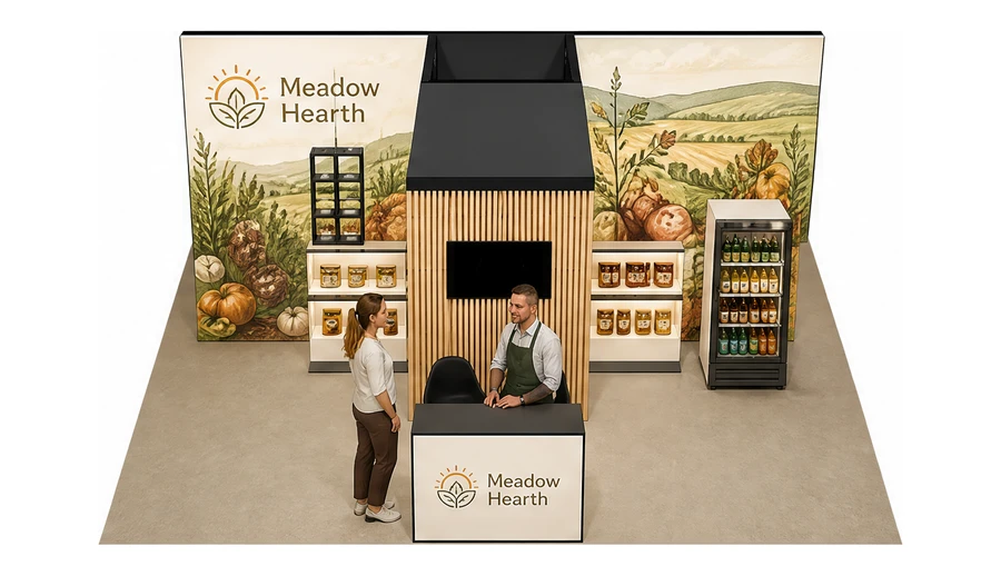 Stoisko 8 × 6 m półwyspowe dla branży żywność ekologiczna, przykładowa marka Meadow Hearth