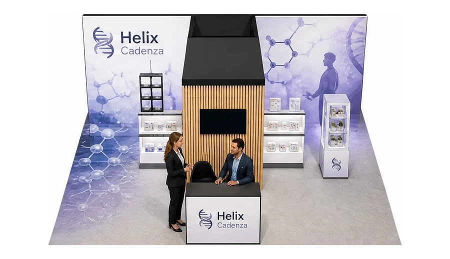 Stoisko 8 × 6 m półwyspowe dla branży farmacja i biotechnologia, przykładowa marka Helix Cadenza