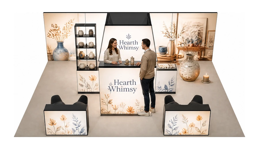 Stoisko 8 × 6 m półwyspowe dla branży dekoracje i upominki, przykładowa marka Hearth Whimsy